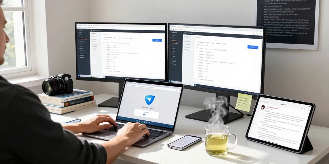 Developer configuring Telegram Chinese settings in a tech workspace with dual monitors and programming books.
