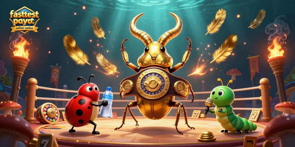 The fastest payout online casino scene with a golden stag beetle champion, ladybug corner-man, and a caterpillar announcer amidst slot reels and dynamic action.