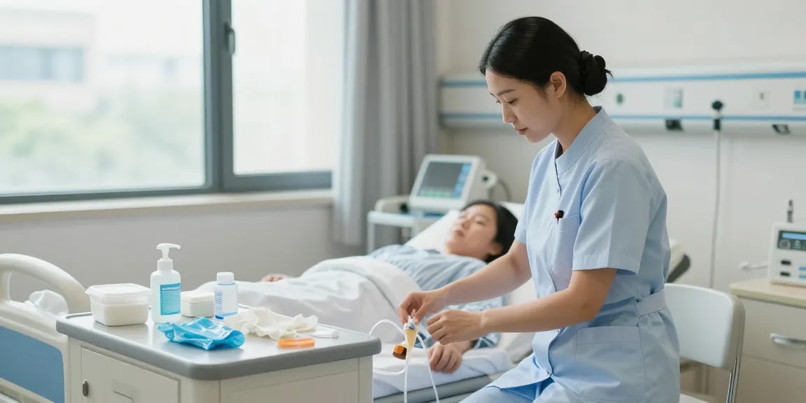Foley catheter adjustment in a modern hospital room by a nurse with patient care supplies.