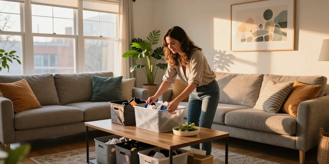 Organized living room with professional organizer in Ottawa emphasizing the importance of organization.