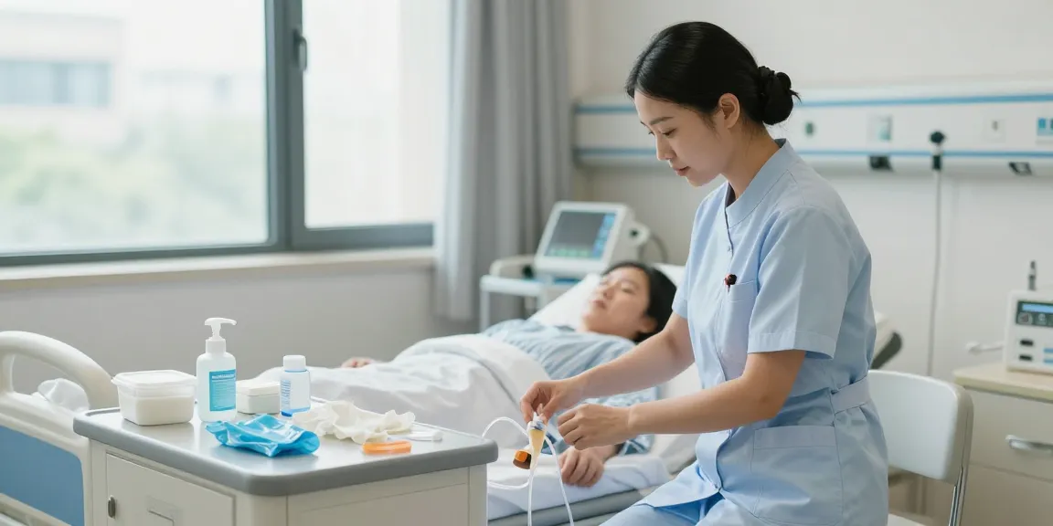 Foley catheter adjustment in a modern hospital room by a nurse with patient care supplies.
