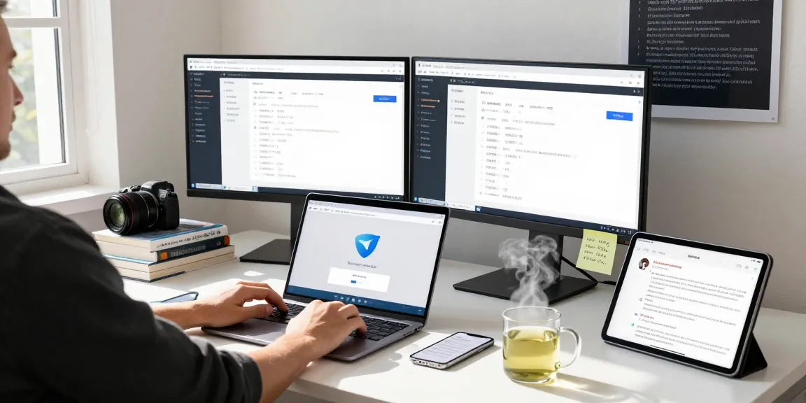 Developer configuring Telegram Chinese settings in a tech workspace with dual monitors and programming books.