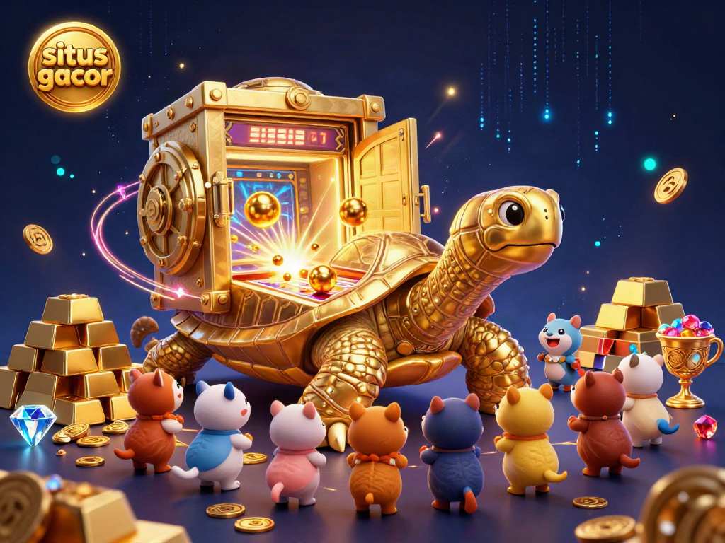Situs gacor showcases a colossal tortoise pinball machine with gold treasures and excited players.