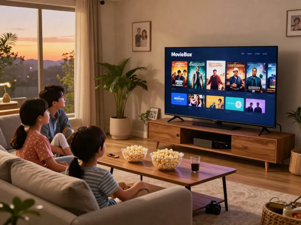 Family enjoying a movie box online experience in a cozy living room with a smart TV.