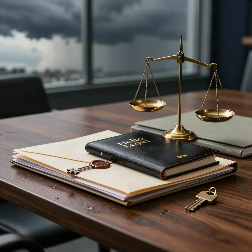 Rain-dark legal portfolio, brass scale, envelope, folders and key on a boardroom table at dusk.