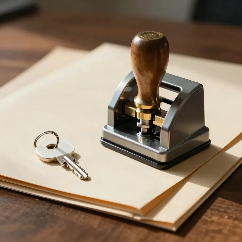 Macro of a seal embosser, manila folders, and keys on a boardroom table in morning light.