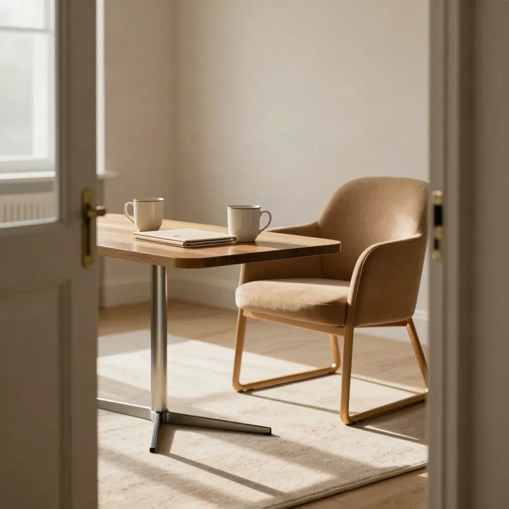 Warm legal consultation office setup with mugs, folder, and angled guest chair in window haze.