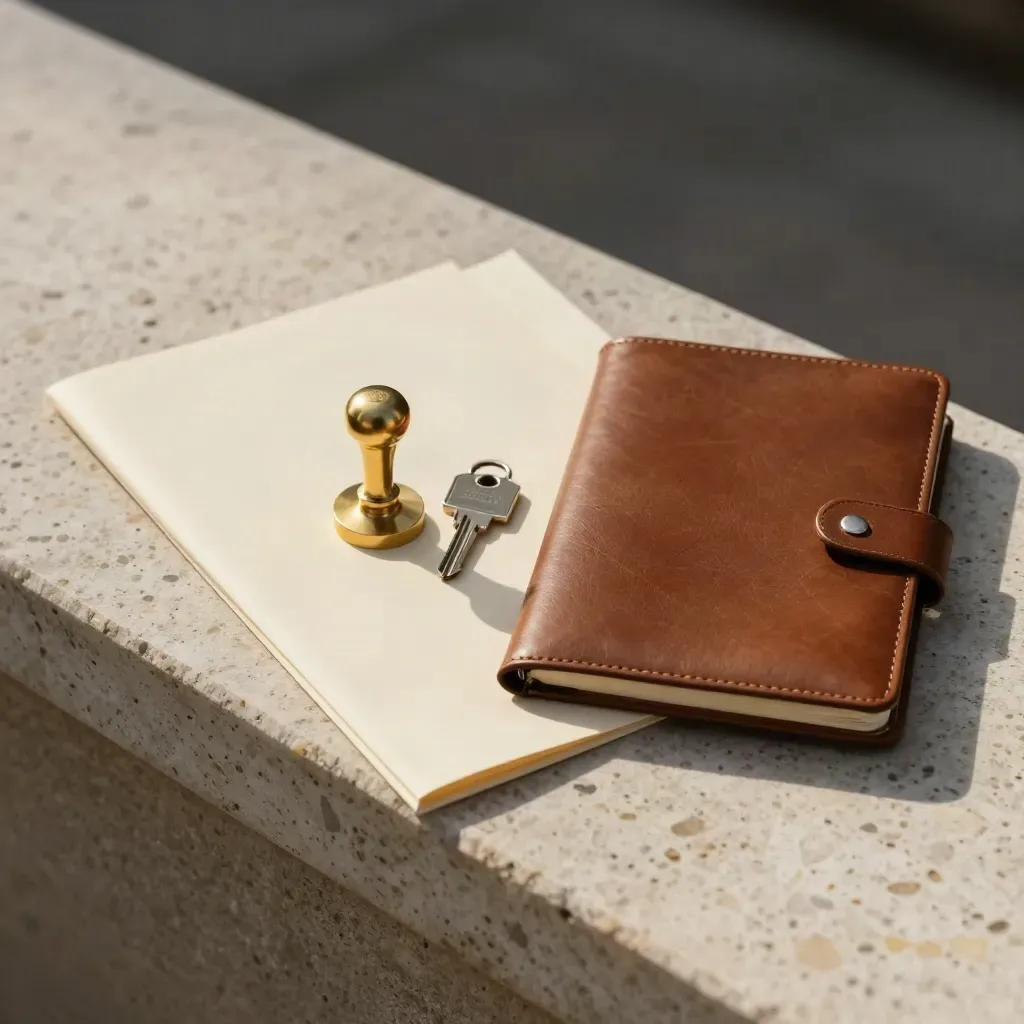 Brass seal, cream folders, leather notebook and house key on sunlit travertine.