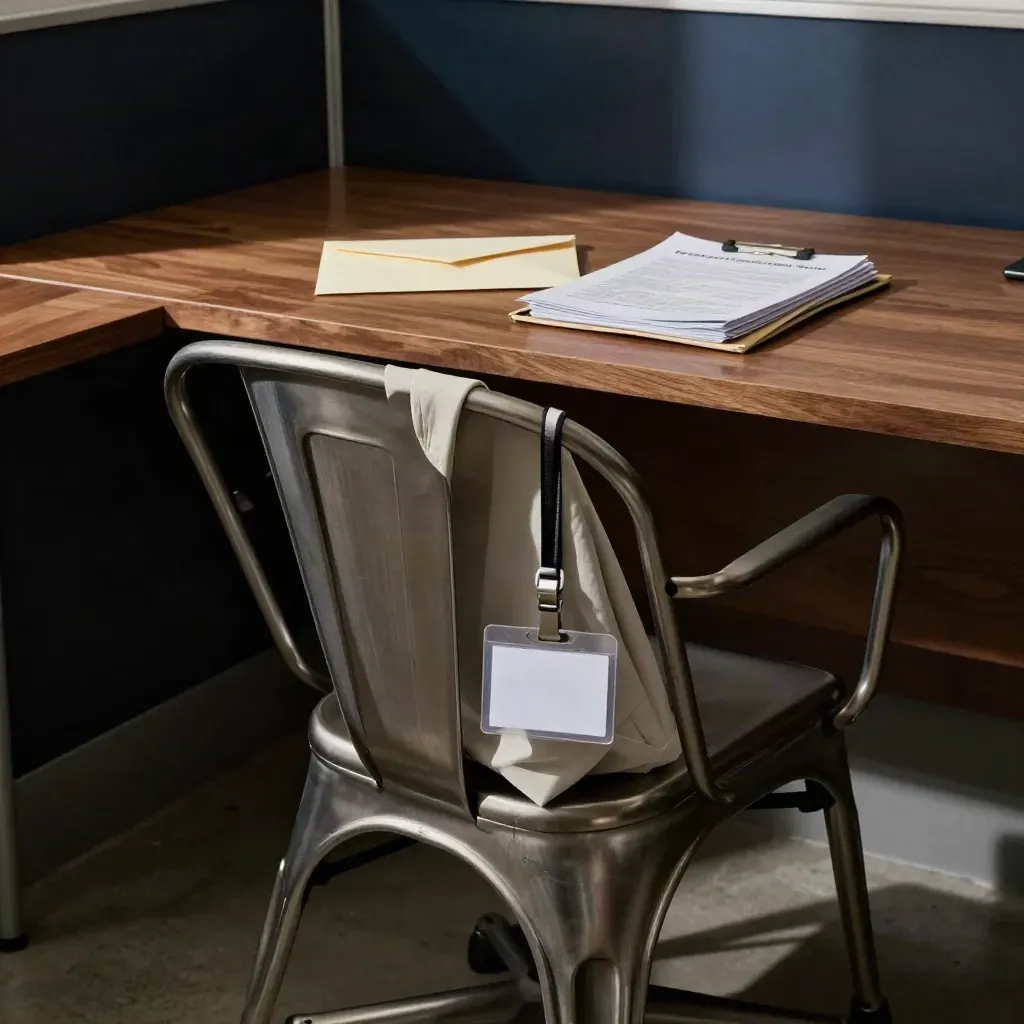 Pulled-out office chair beside a desk, folded shirt, badge holder, and sealed envelope.