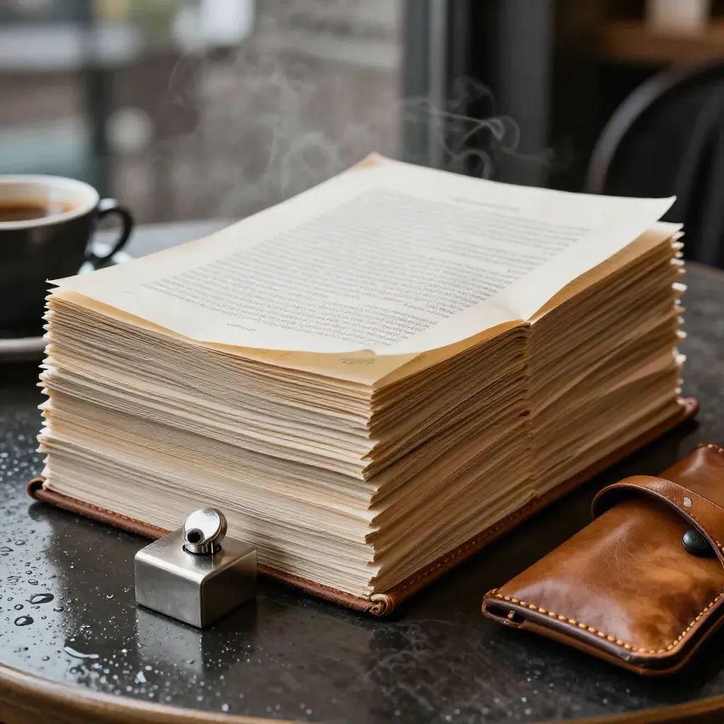 Cream legal pages, glasses case and steam on a rain-dark café table.