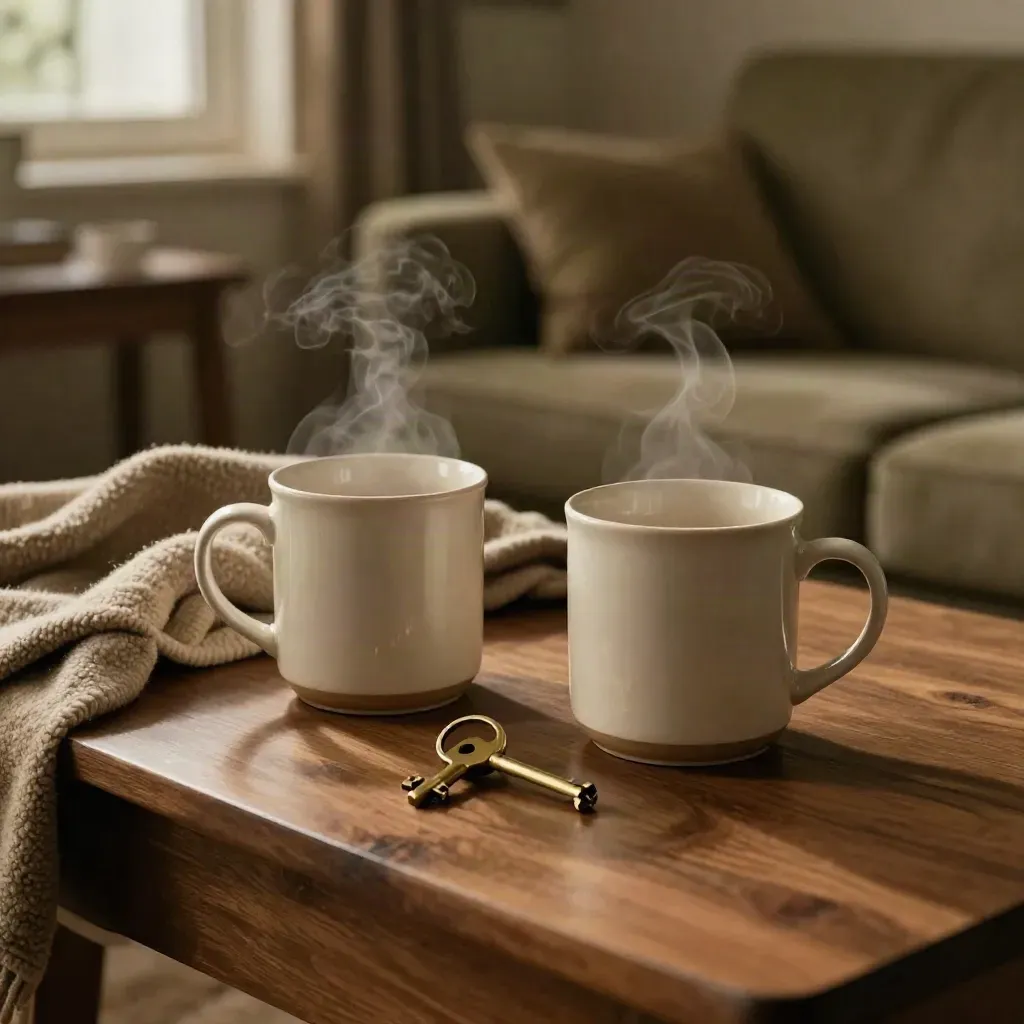 Mugs, blanket and house key on a warm family-room table in soft evening light.