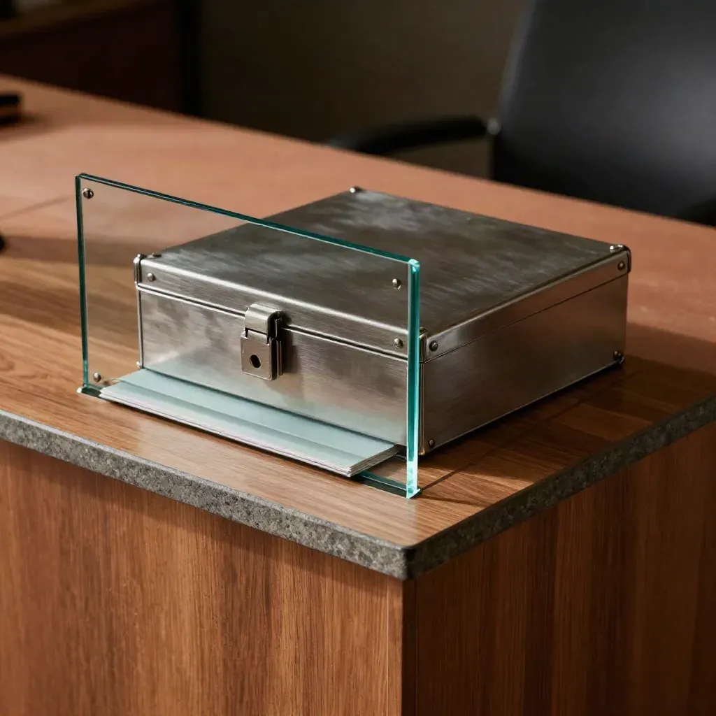 Locked file box, frosted privacy folder, and glass divider on a warm legal office desk.