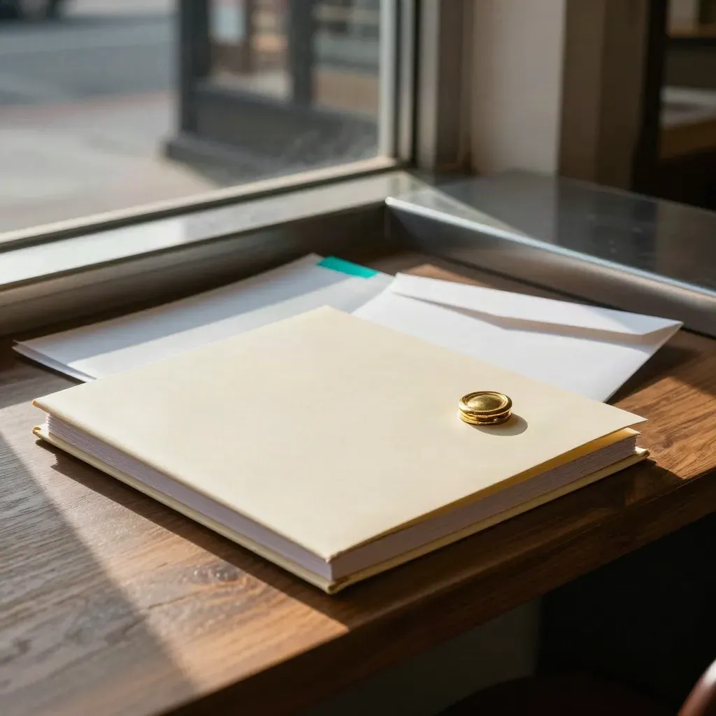 Incorporation folder, brass seal and envelope on a storefront counter at dawn.