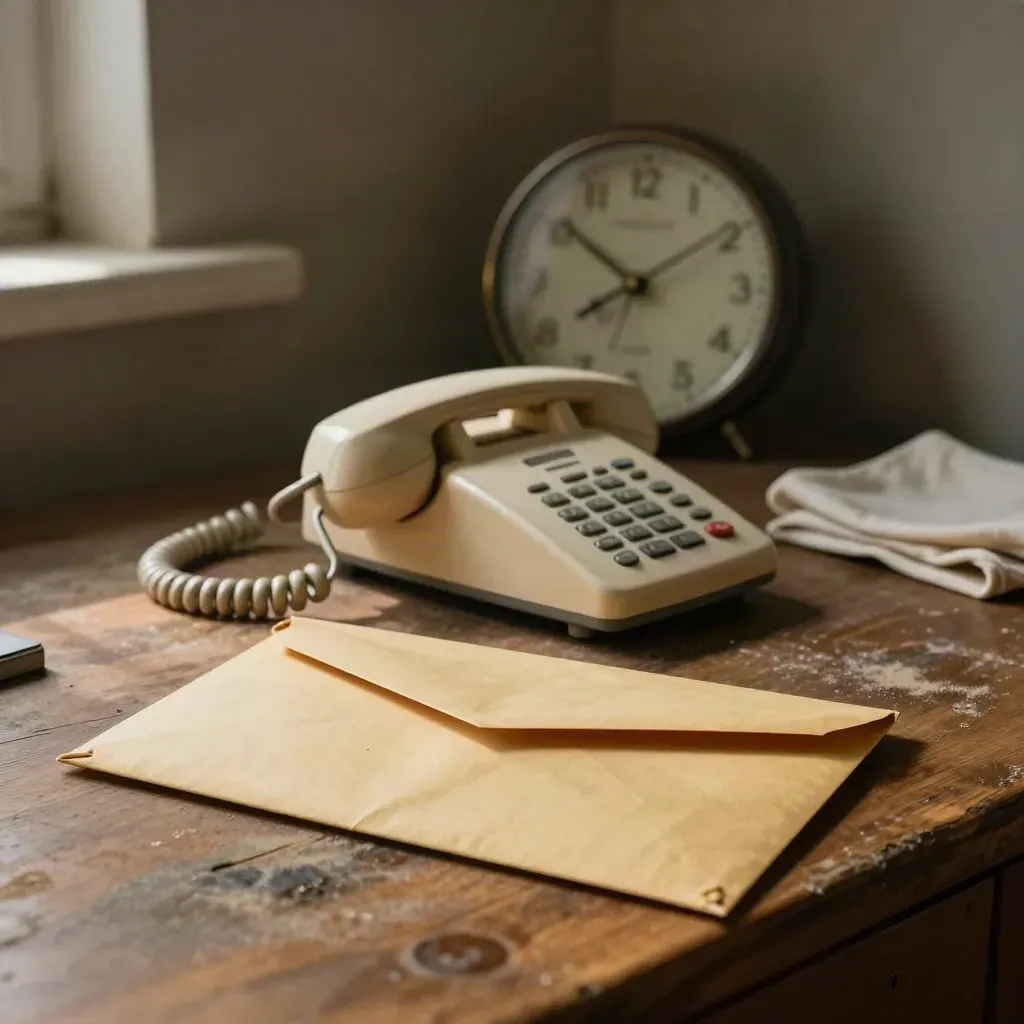 Unopened pay envelope, stopped wall clock, and desk phone on a worn workbench in warm light.