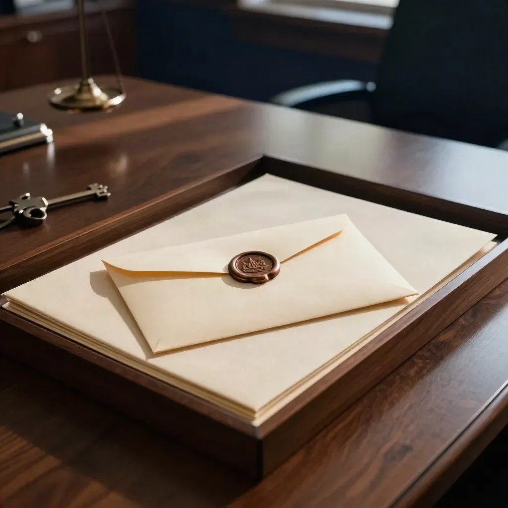 Cream sealed demand letter with brass stamp and folder sliding into a tray on a dark legal table.