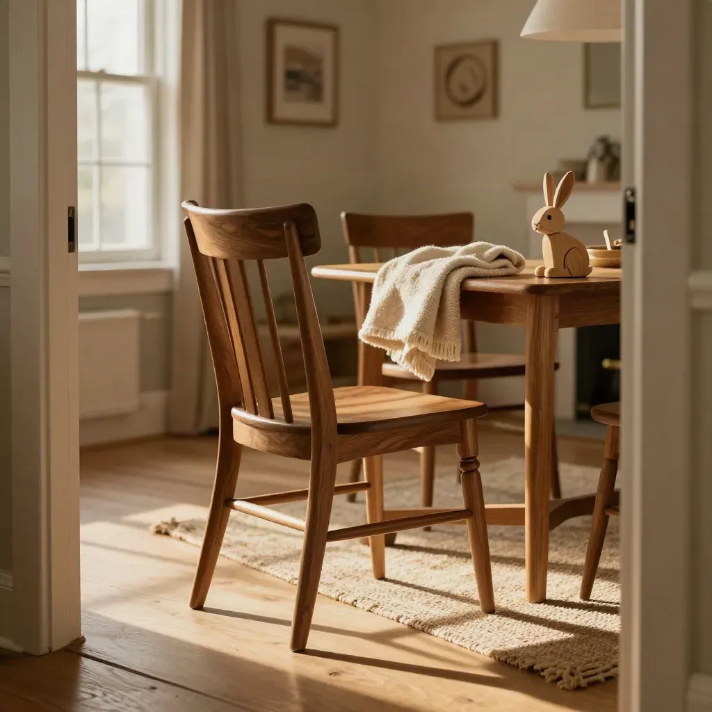 Two empty chairs, folded blanket and toy in a warm doorway-lit family room.