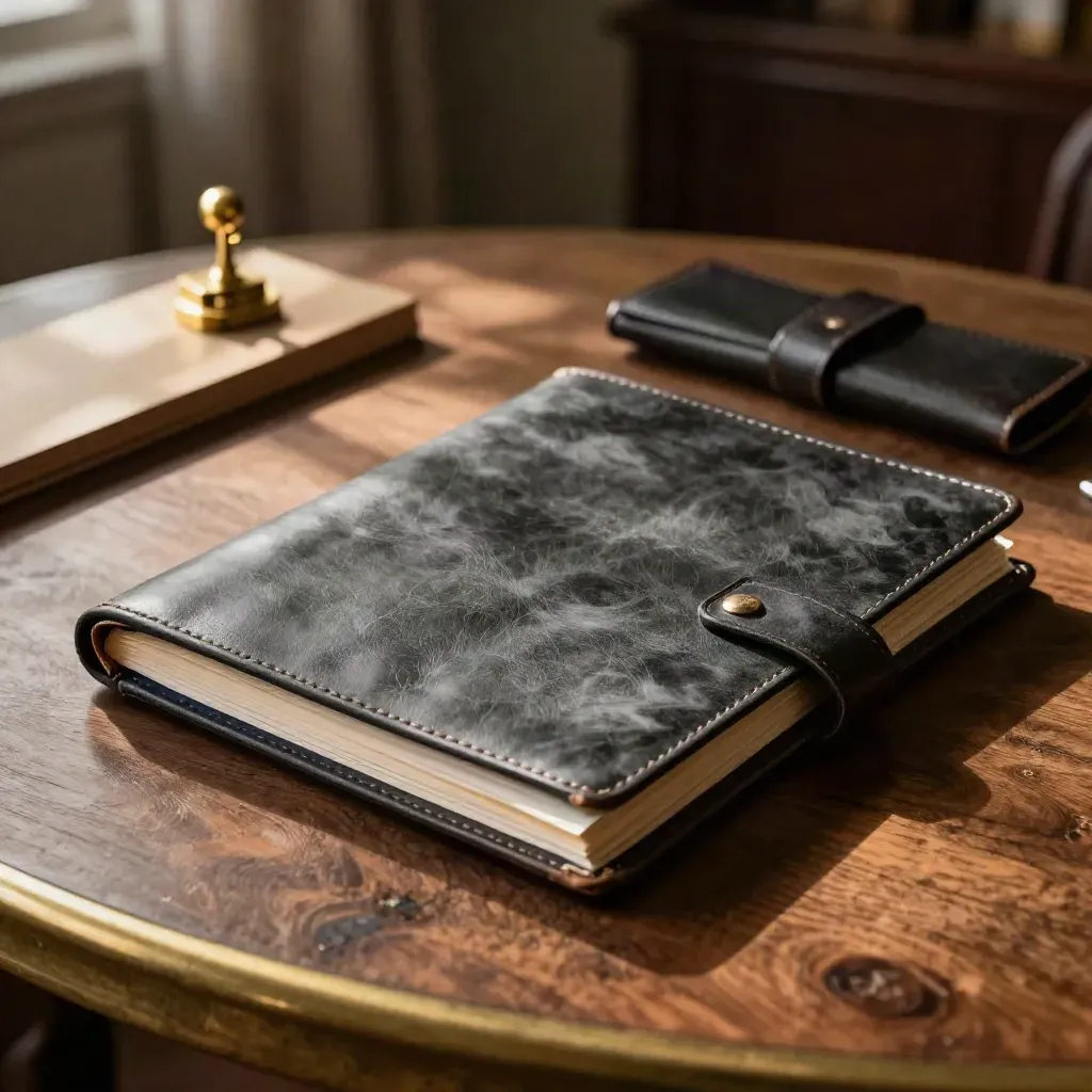 Legal review packet, brass paperweight and leather case on a walnut table in warm late afternoon light