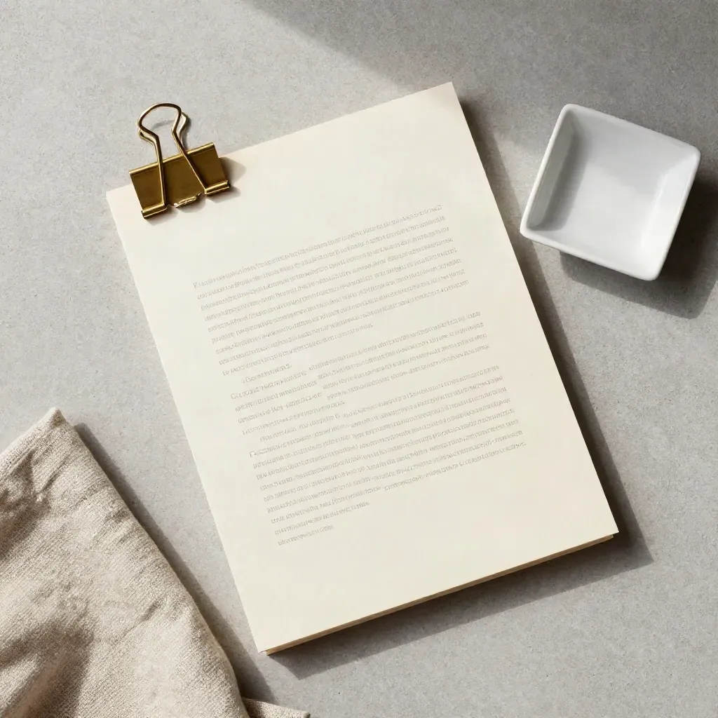Overhead legal paper bundle with brass clip, linen and ceramic dish on pale concrete.