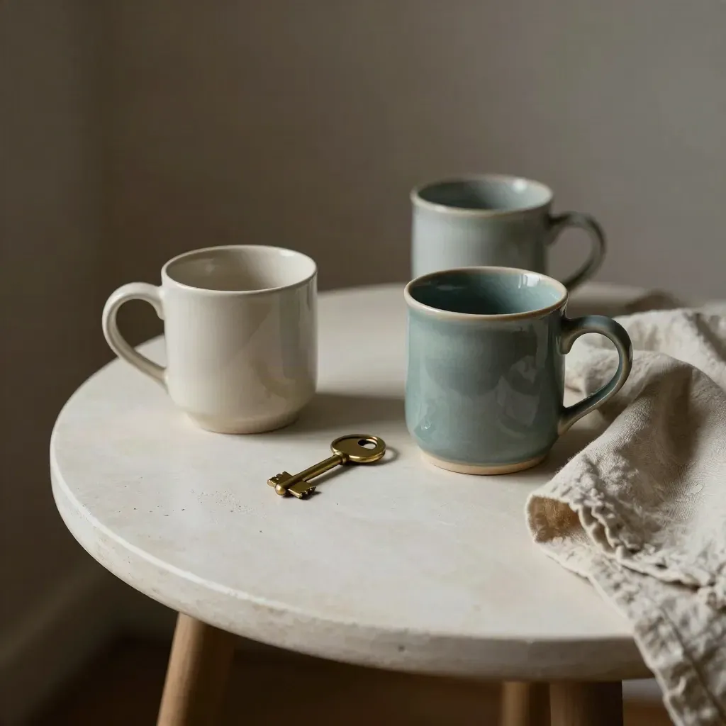 Two ceramic mugs parted by a brass key and folded linen on a pale plaster table.