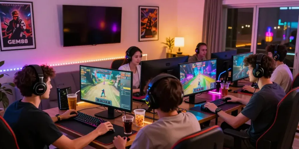 Group of friends enjoying online gaming experience on GEM88 platform with engaging setup.