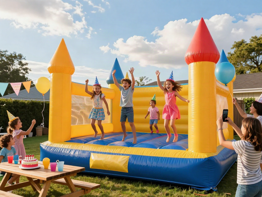 Children enjoying a bounce castle at a cheerful backyard party, filled with laughter and colorful decorations.