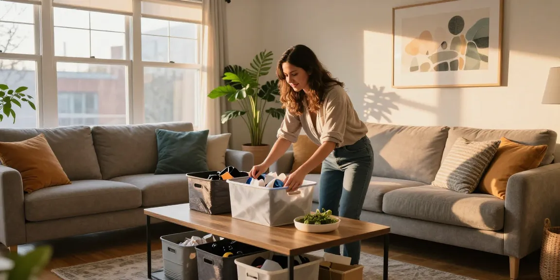 Organized living room with professional organizer in Ottawa emphasizing the importance of organization.